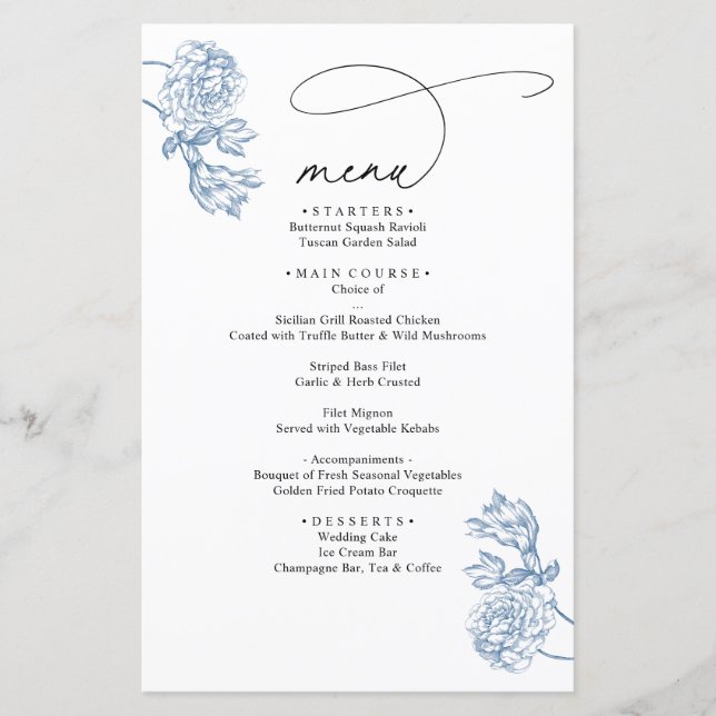 Menu de mariage à écriture moderne florale bleue v (Devant)
