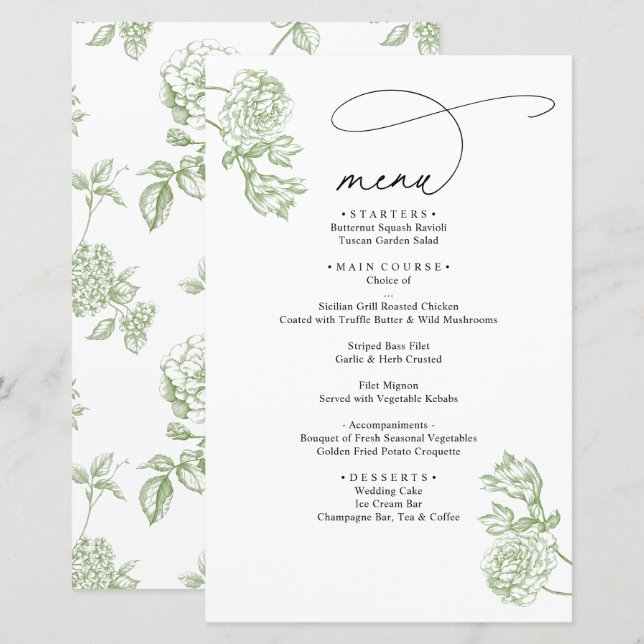Menu de mariage à écriture moderne florale verte v (Devant / Derrière)