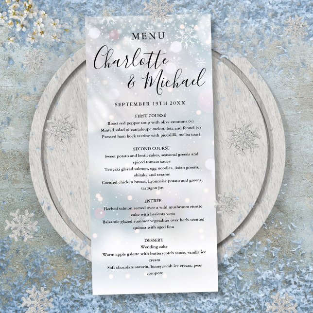 Menu de mariage à écriture signature Flocons de ne (Winter Snowflakes Signature Script Wedding Menu)