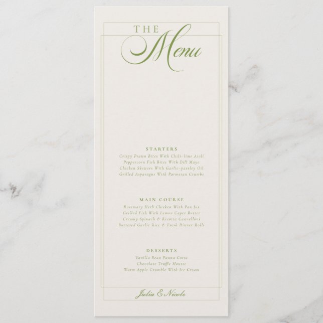Menu de mariage à la calligraphie d'ivoire vert cl (Devant)