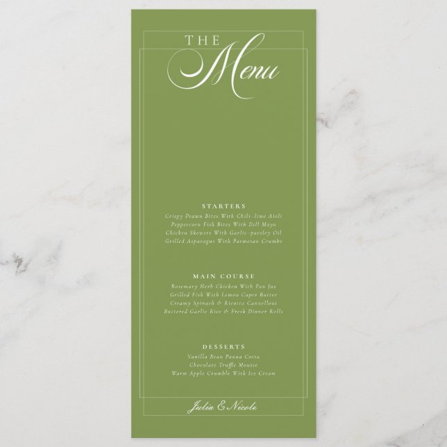 Menu de mariage à la calligraphie d'ivoire vert cl (Devant)