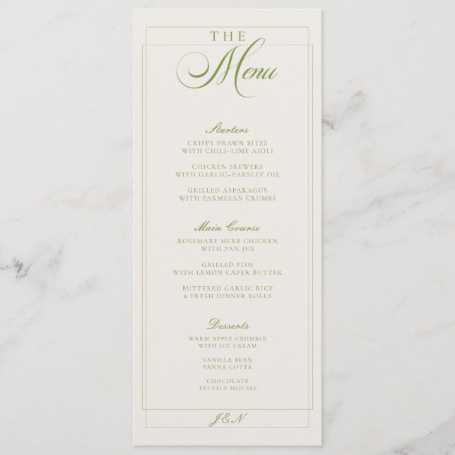 Menu de mariage à la calligraphie verte ivoire cla (Devant)
