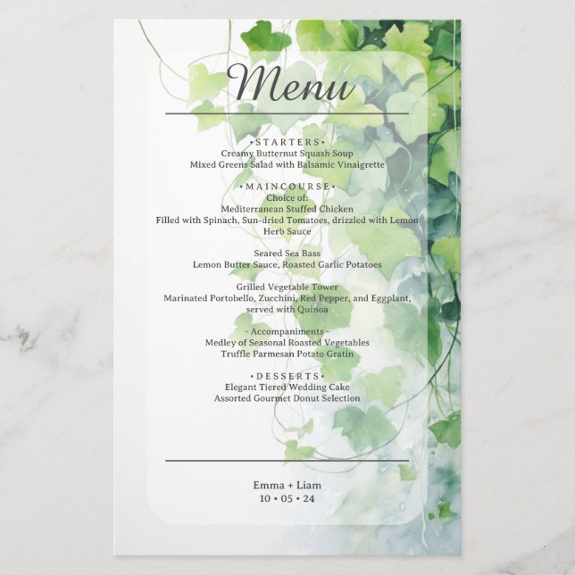 Menu de mariage à la feuille verte élégante (Devant)
