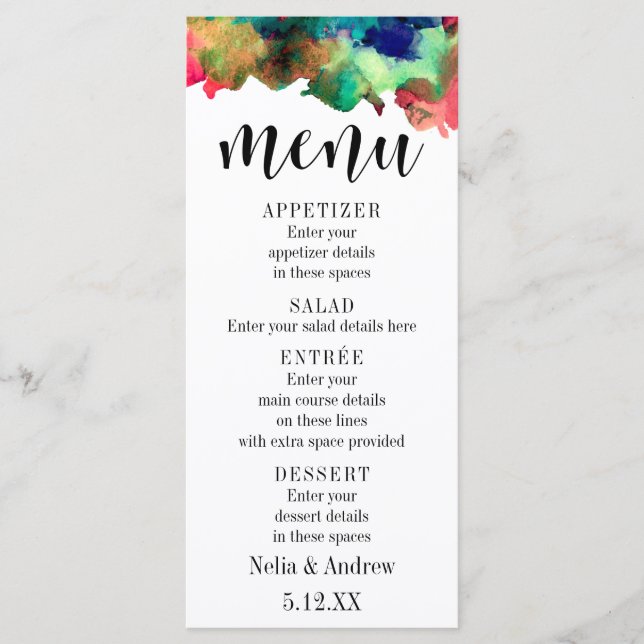 Menu de mariage à la typographie avec aquarelle co (Devant)