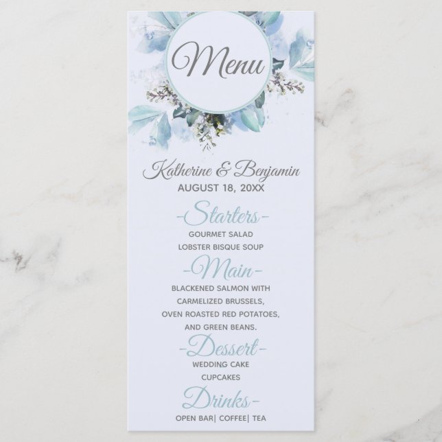 Menu de mariage à l'aquarelle botanique bleu pouss (Devant)