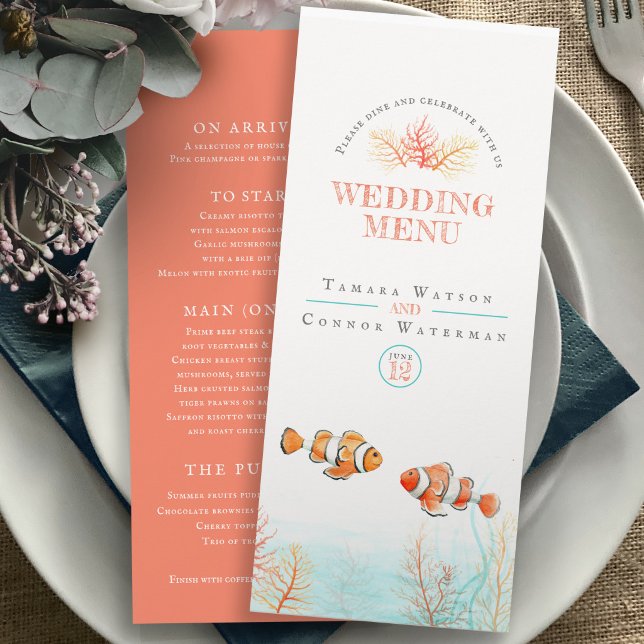 Menu de mariage à l'aquarelle corail poissons trop (Créateur téléchargé)