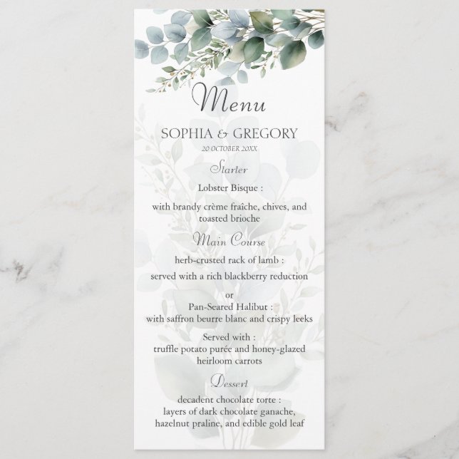 Menu de mariage à l'aquarelle eucalyptus botanique (Devant)