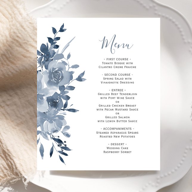 Menu de mariage à l'aquarelle florale bleu poussié (Créateur téléchargé)