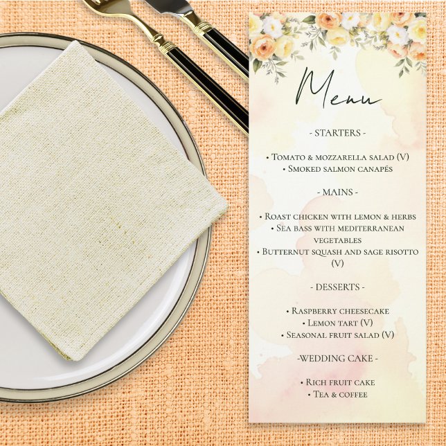 Menu de mariage à l'aquarelle florale rustique élé (A customizable wedding menu card, with peach, yellow and white roses in a watercolor style)