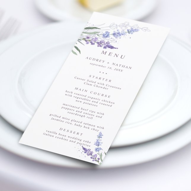 Menu de mariage à l'aquarelle lavande romantique (Créateur téléchargé)