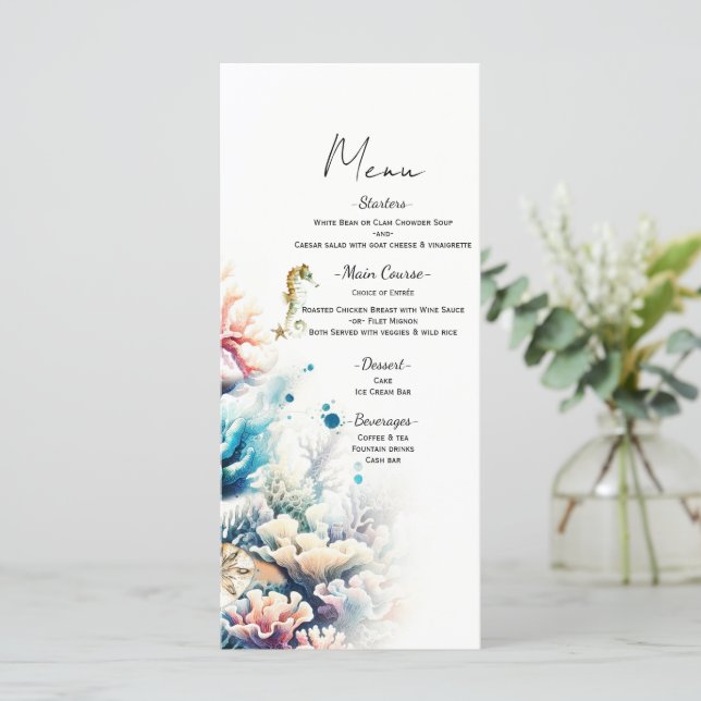 Menu de mariage à l'aquarelle Ocean Splash Mer Cor (Debout devant)
