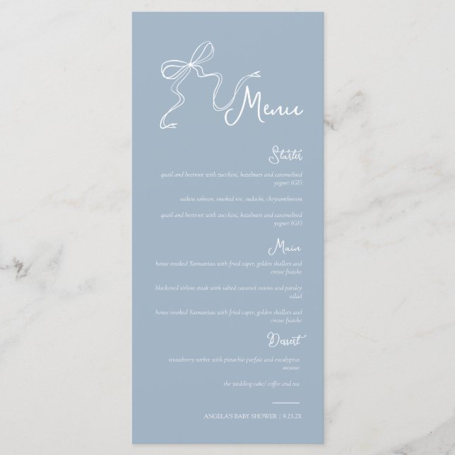 Menu de mariage à l'aquarelle poussiéreuse bleu av (Devant)