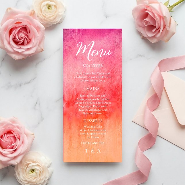 Menu de mariage à l'aquarelle rose chaud et orange (Watercolor Hot Pink and Orange Wedding Menu #menu #hotpinkandorange #springbloom #dinner #brightmenu)