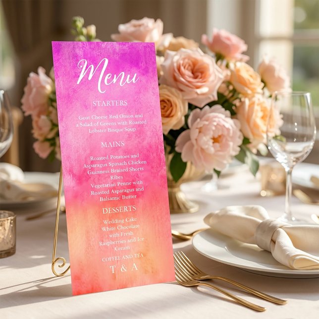 Menu de mariage à l'aquarelle rose chaud et orange (#weddingmenu #weddingmenucard #weddingstationery #luxurywedding #romanticwedding #fineartwedding )