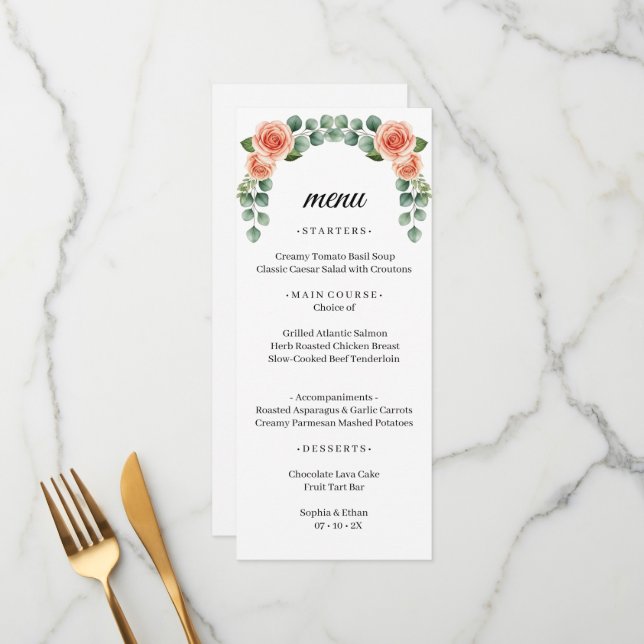 Menu de mariage à l'arche de rose eau-forte de pêc (Devant/Arrière en situation)