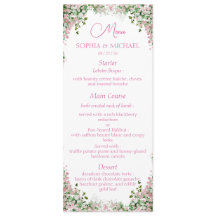 Menu de mariage à l'arche florale rose poussiéreus