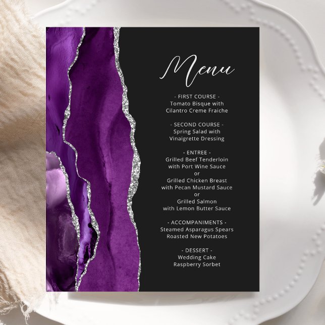 Menu de mariage à l'écriture argent agate violet B (Créateur téléchargé)