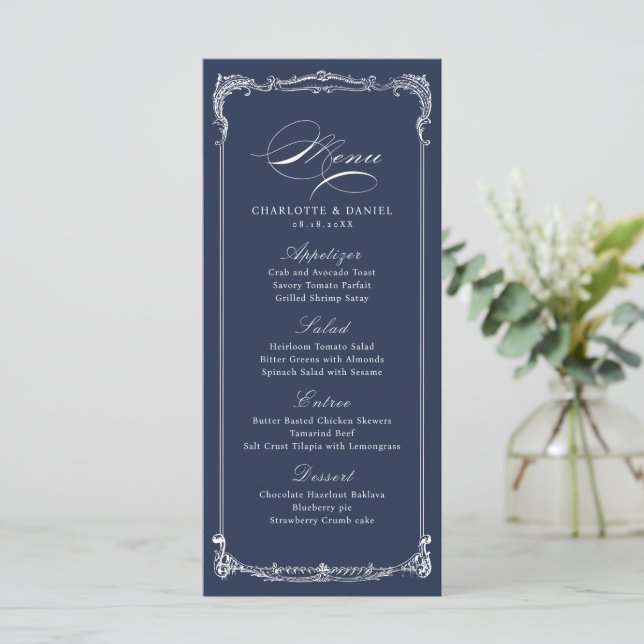 Menu de mariage à l'écriture classique avec cadre  (Debout devant)