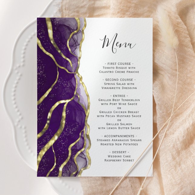 Menu de mariage à l'encre violette élégante et dor (Créateur téléchargé)