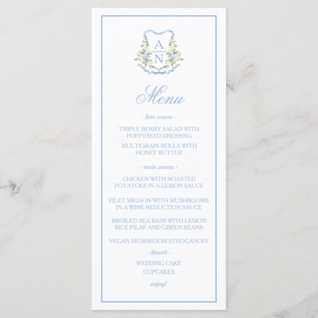 Menu de mariage à monogramme avec arête d'hortensi (Devant)