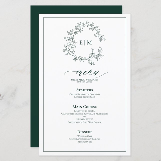 Menu de mariage à monogramme avec feuilles vert ém (Devant / Derrière)