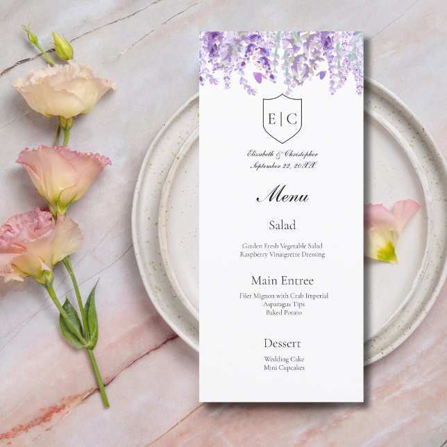 Menu de mariage à monogramme botanique à la lavand (Lavender Floral Botanical Wedding Menu Monogram Crest)
