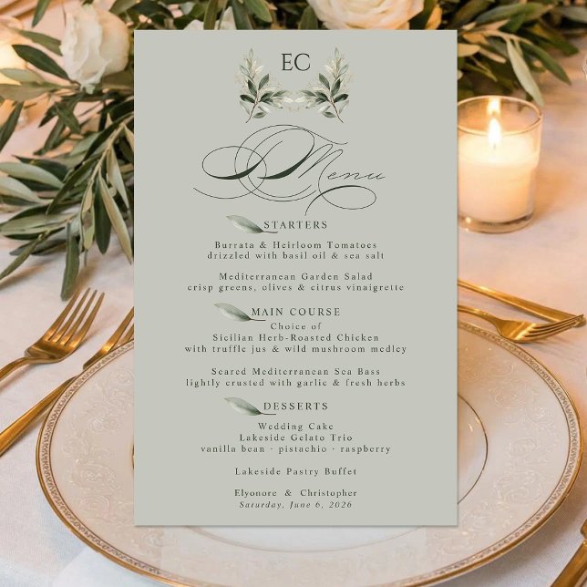 Menu de mariage à monogramme de branche d'olive ve (Créateur téléchargé)