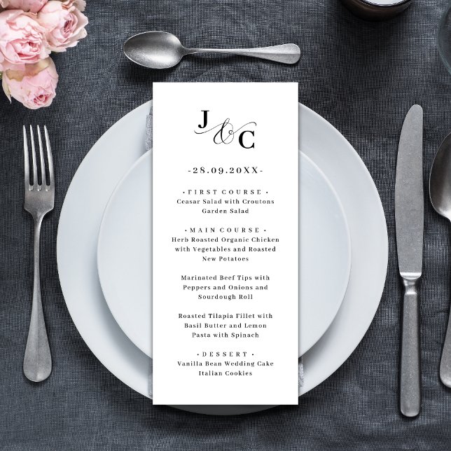 Menu de mariage à monogramme esperluette (Ampersand monogram wedding menus add refined style while showcasing your meal details elegantly.)