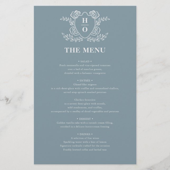 Menu de mariage à monogramme floral de blason vint (Devant)