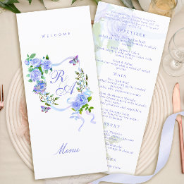Menu de mariage à monogramme ruban rose bleu