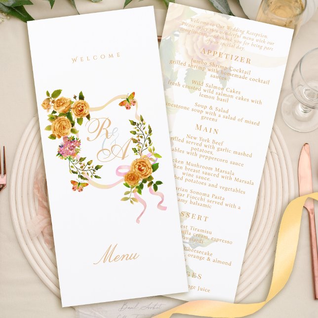 Menu de mariage à monogramme ruban rose or (Gold Rose Ribbon Monogram Wedding Menu)