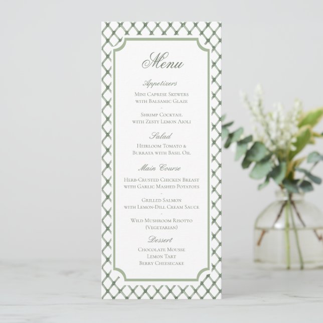 Menu de mariage à motif de treillis vert classique (Debout devant)