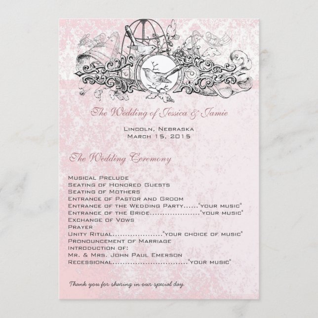 Menu de mariage à musique rouleau Cage à oiseaux v (Devant)