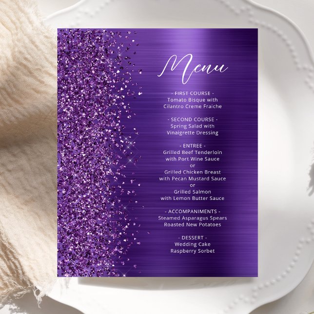 Menu de mariage à paillettes violettes Glam Budget (Créateur téléchargé)