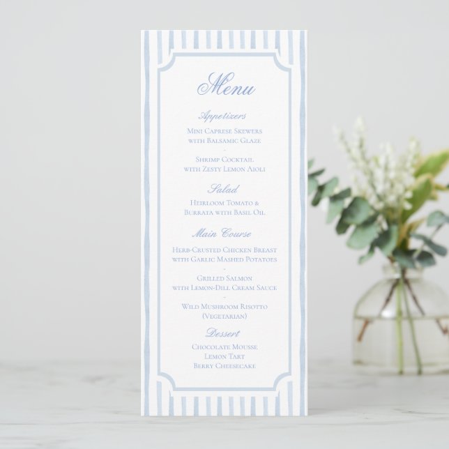Menu de mariage à rayures aquarelles bleues (Debout devant)