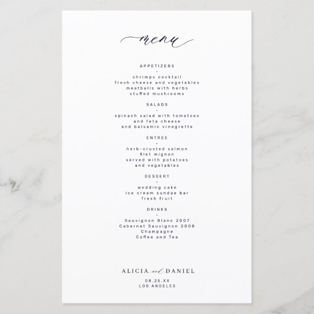 Menu de mariage à typographie simple et bleu marin (Devant)