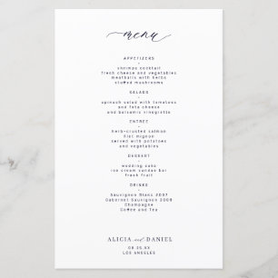 Menu de mariage à typographie simple et bleu marin