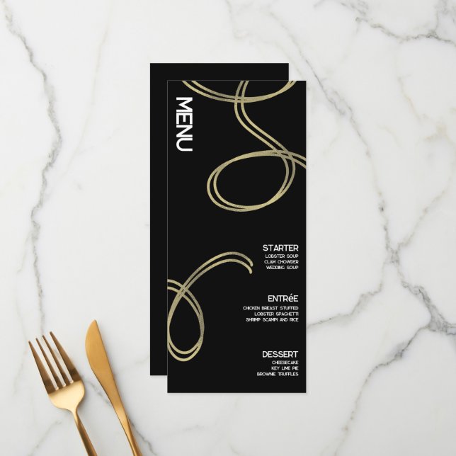 Menu de mariage abstrait noir et blanc tourbillonn (Devant/Arrière en situation)
