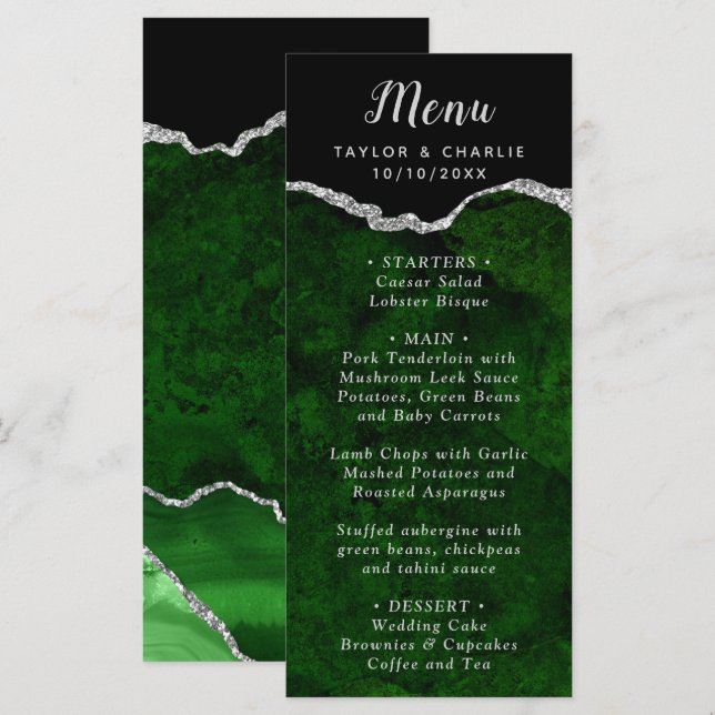 Menu de mariage Agate verte et argentée (Devant / Derrière)