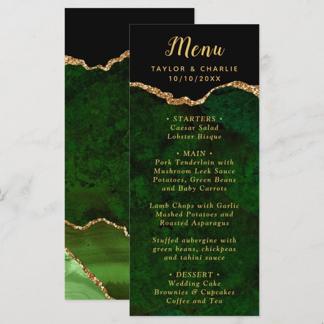 Menu de mariage Agate verte et dorée (Devant / Derrière)