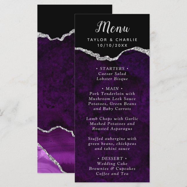Menu de mariage Agate Violet et Argent (Devant / Derrière)