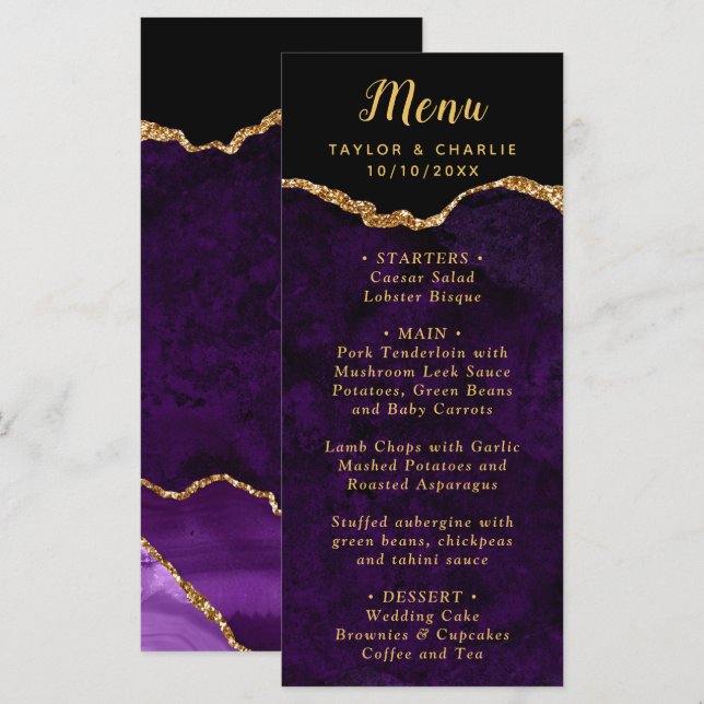 Menu de mariage Agate Violet et Or (Devant / Derrière)