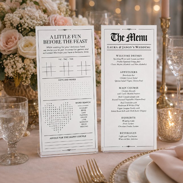 Menu de mariage amusant avec journal de jeux de ma (Custom Wedding Menu with Wedding Games Newspaper, Black and White Menu for Wedding)