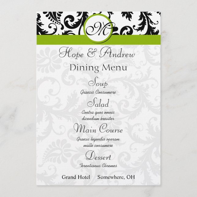 Menu de mariage Apple Green Swirl en Damas noir (Devant)