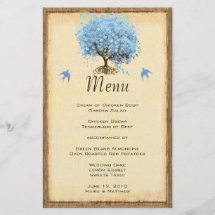 Menu de mariage Arbre Feuille Cœur Oiseau Vintage