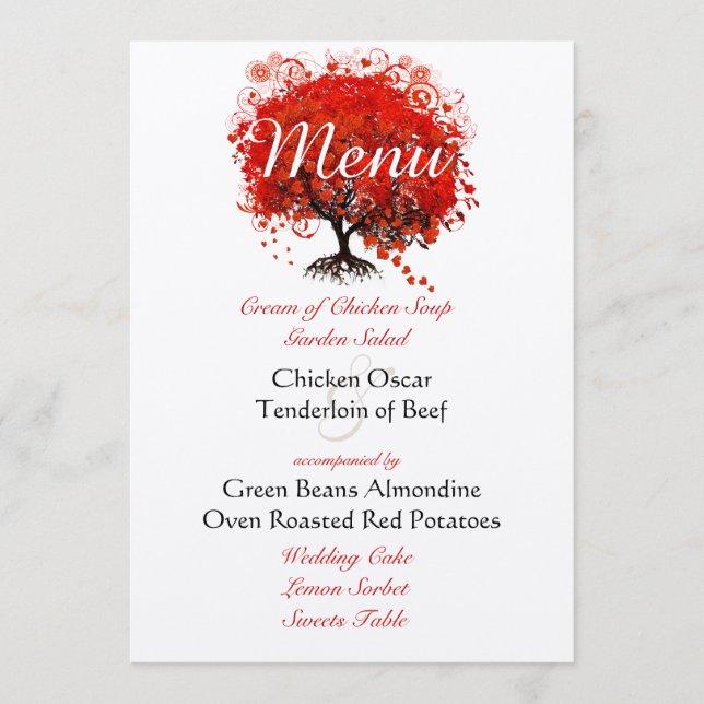 Menu de mariage arbre rouge rustique découpé die (Devant)