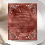 Menu de mariage argent argent rouille vintage<br><div class="desc">Cet élégant menu mariage d'inspiration vintage présente le texte en écriture gris argenté pâle et les polices serif,  encadré par un motif de feuillage argenté vintage en quatre coins sur un arrière - plan d'aquarelle brun rouille cannelle. Le cadre et l'arrière - plan d'aquarelle sont répétés au verso.</div>