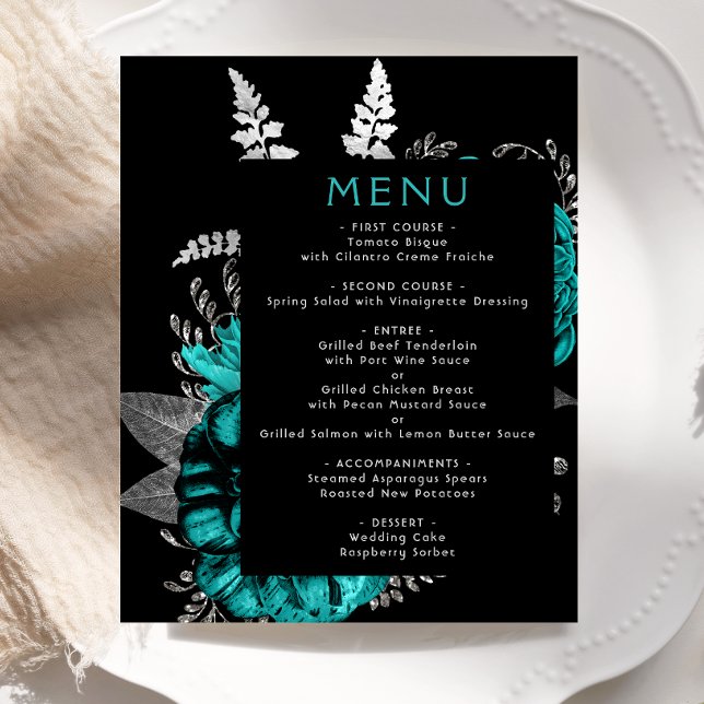 Menu de mariage argent sarcelle floral déprimé bud (Créateur téléchargé)