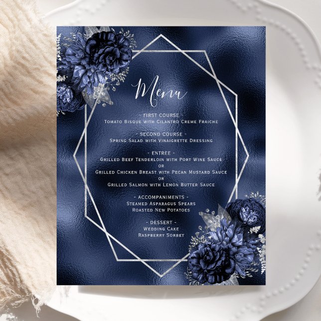 Menu de mariage argenté floral bleu marine Budget (Créateur téléchargé)