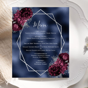 Menu de mariage argenté floral Bourgogne Navy